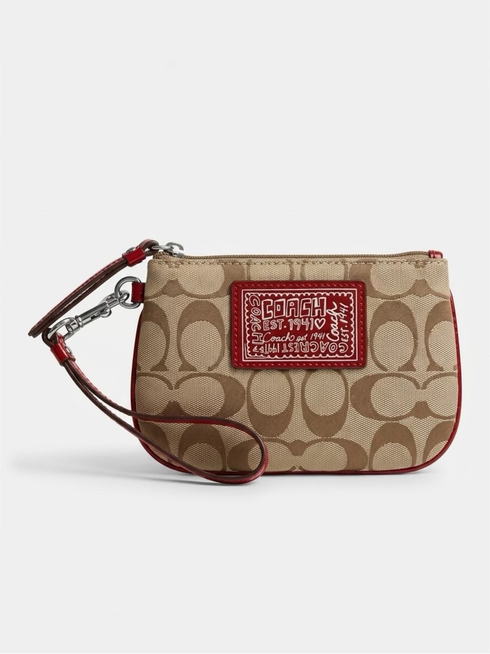Coach Khaki Canvas Wristlet with Red Trim